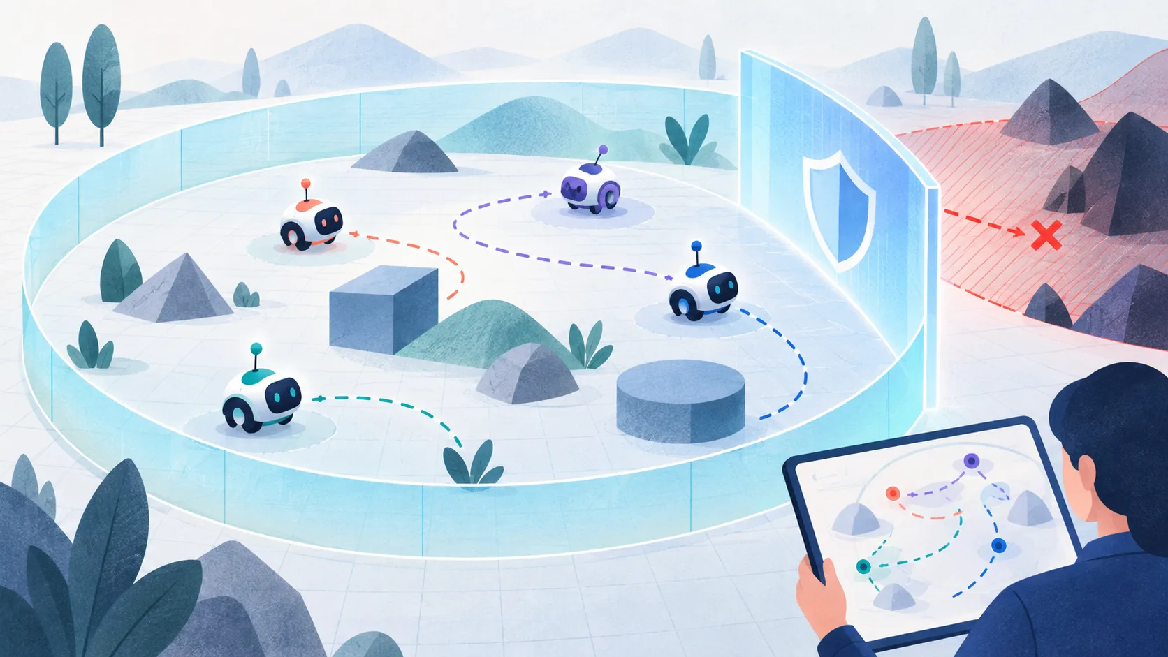 Agents coopératifs explorant un environnement simulé protégé par une frontière de sécurité et un suivi des trajectoires.