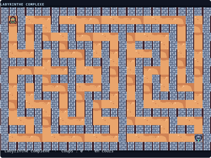 Capture réelle du canvas Phaser du niveau complexe montrant ses couloirs, ses impasses et le personnage au départ.