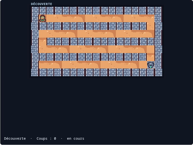 Capture réelle du canvas Phaser en cours avec la carte texturée, les murs, le personnage pixel-art et la sortie.