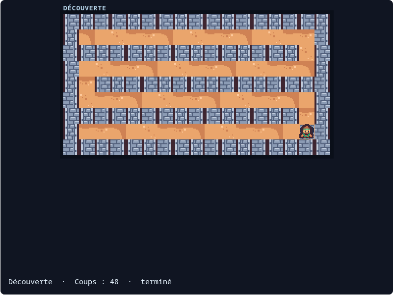 Capture réelle du canvas Phaser après la victoire, avec le personnage sur la sortie et le parcours terminé en quarante-huit coups.