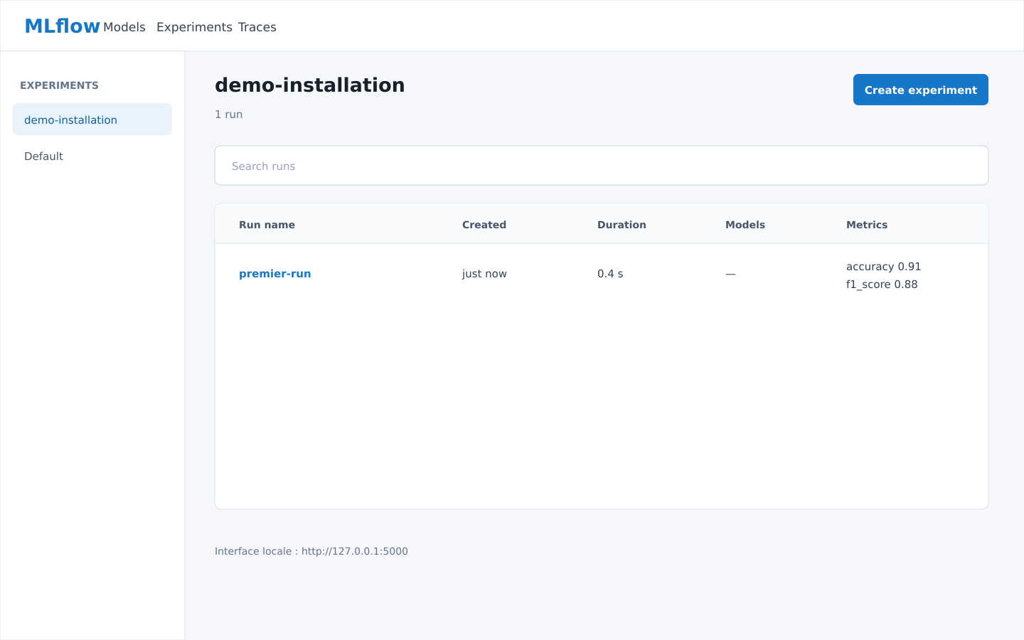 Interface Web locale de MLflow avec une expérience de démonstration